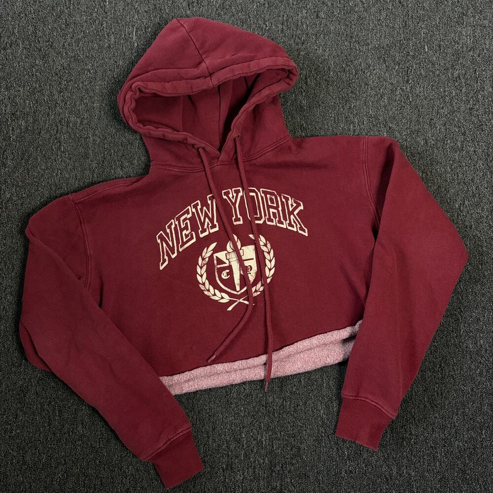 Vintage Y2k New York Maroon Cropped Hoodie Sweatshirt Women's Small